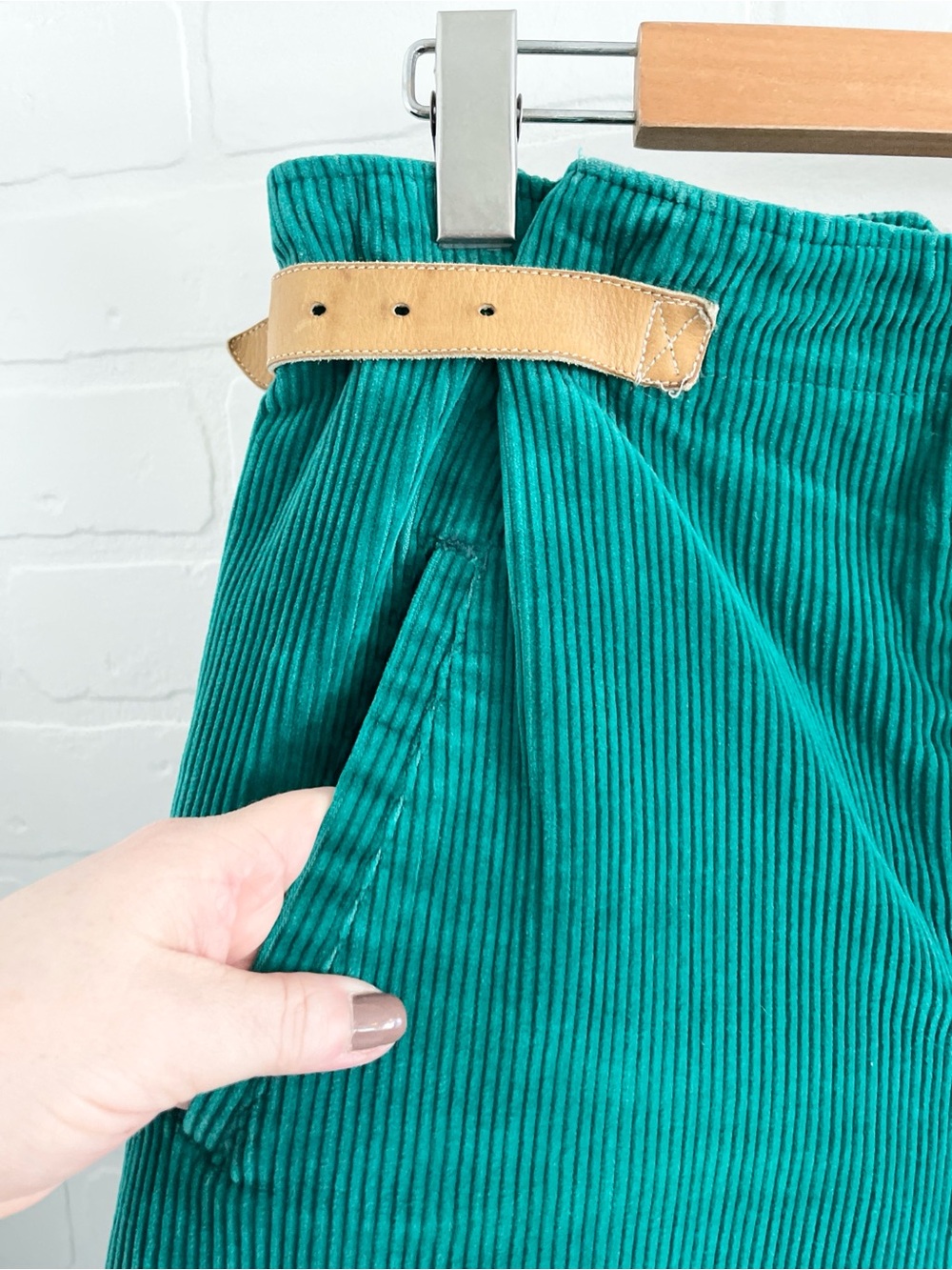 Vintage 70s Emerald Teal Corduroy Barrel Pants Leather Side Tabs Archive Size 10 - Picture 5 of 16